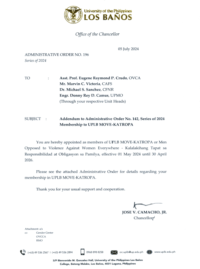 OC Administrative Order No. 196 s.2024, Addendum to AO No. 142, s.2024, Membership to UPLB MOVE-KATROPA